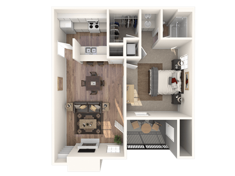 A 3D rendered image of a small apartment layout.